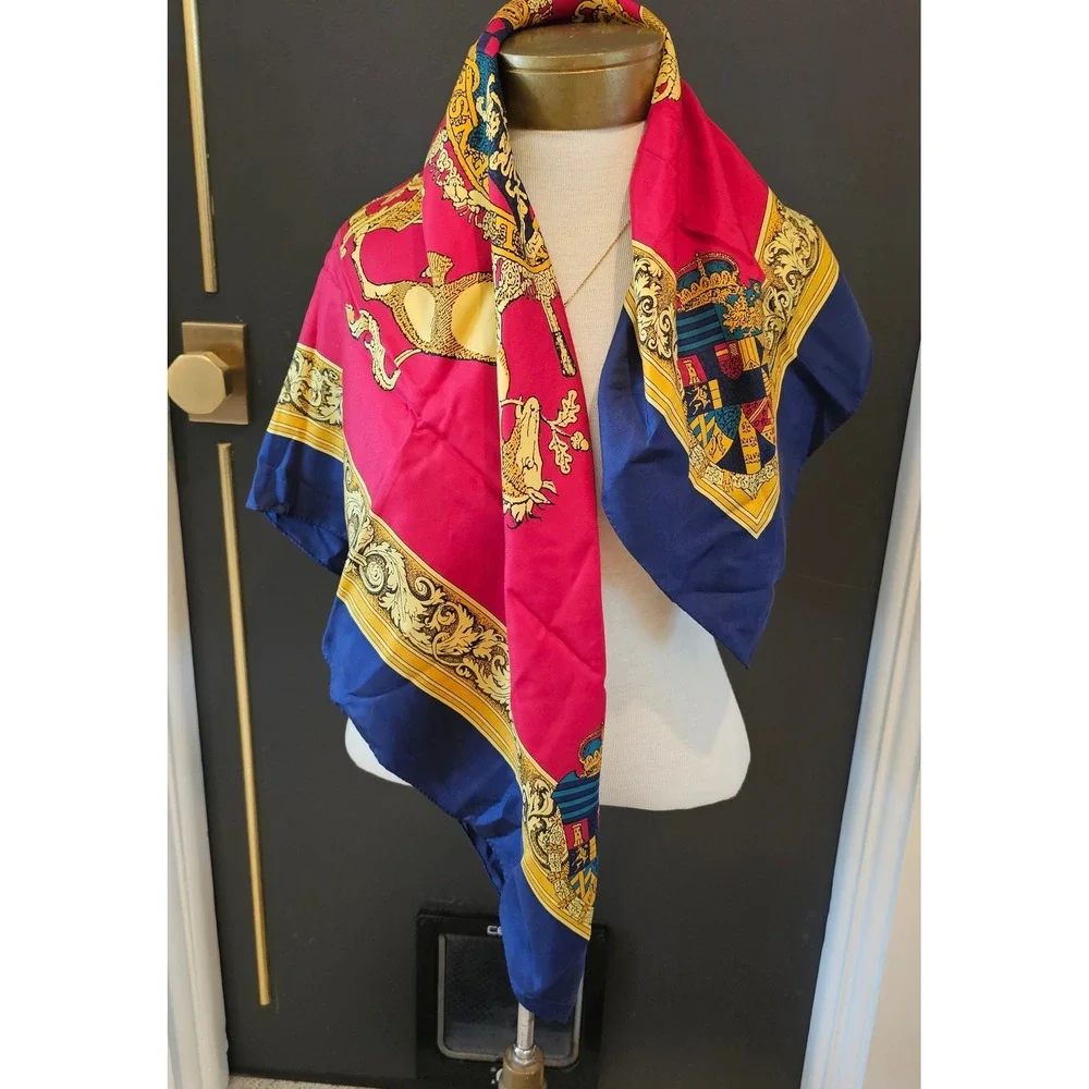 Vintage 1986 Ginnie Johansen Silk Scarf Heraldic Crest Red Navy Gold Japan